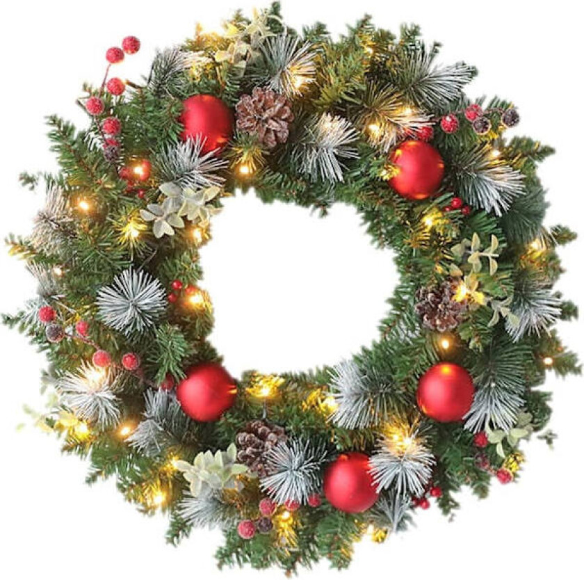 Julekrans for ytterdøren med 20 LED-lys, PVC-lyskjede, batteridrevet, rød og grønn dørkrans med sløyfe