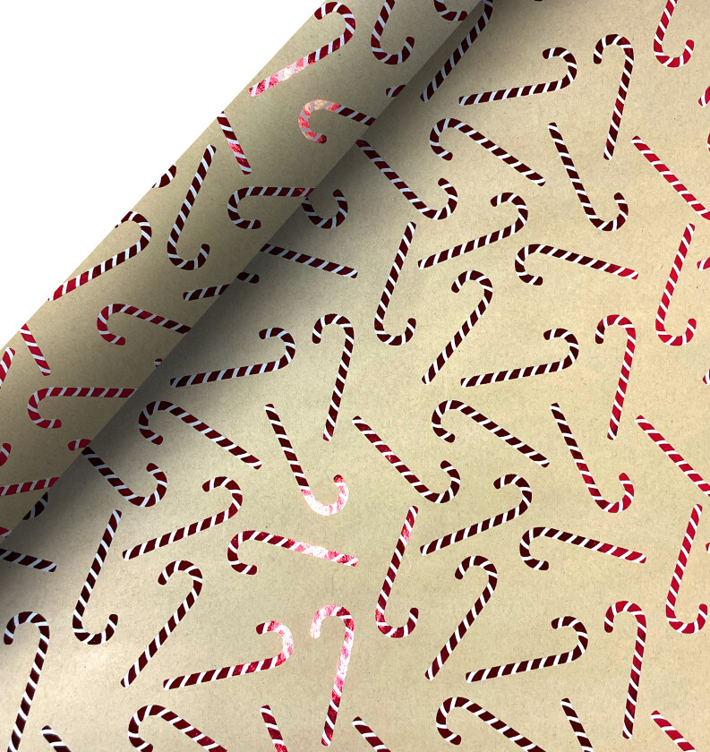 Gavepapir 2M kraft folie sukkerstang rød