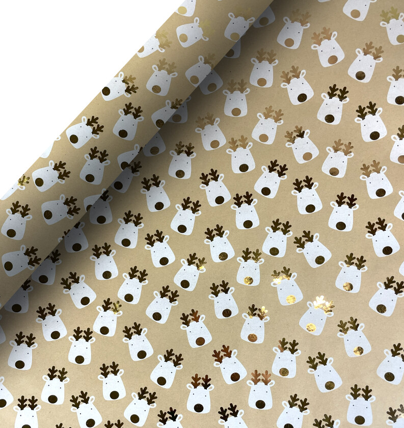 Gavepapir 2M kraft folie reinsdyr hvit