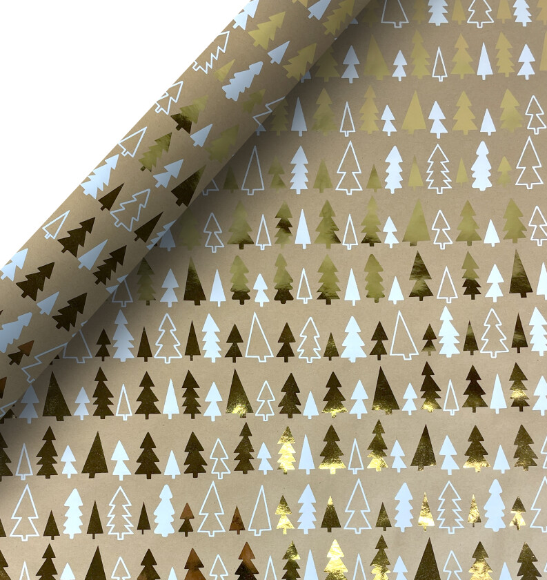 Gavepapir 2M kraft folie trær gull/hvit