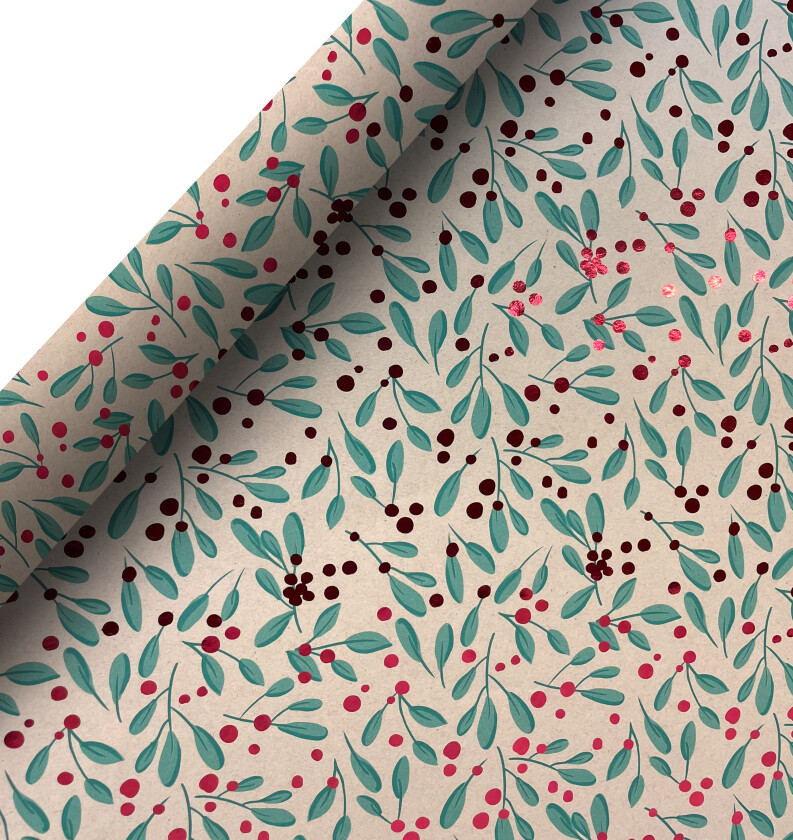 Gavepapir 2M kraft folie blad grønn/rød