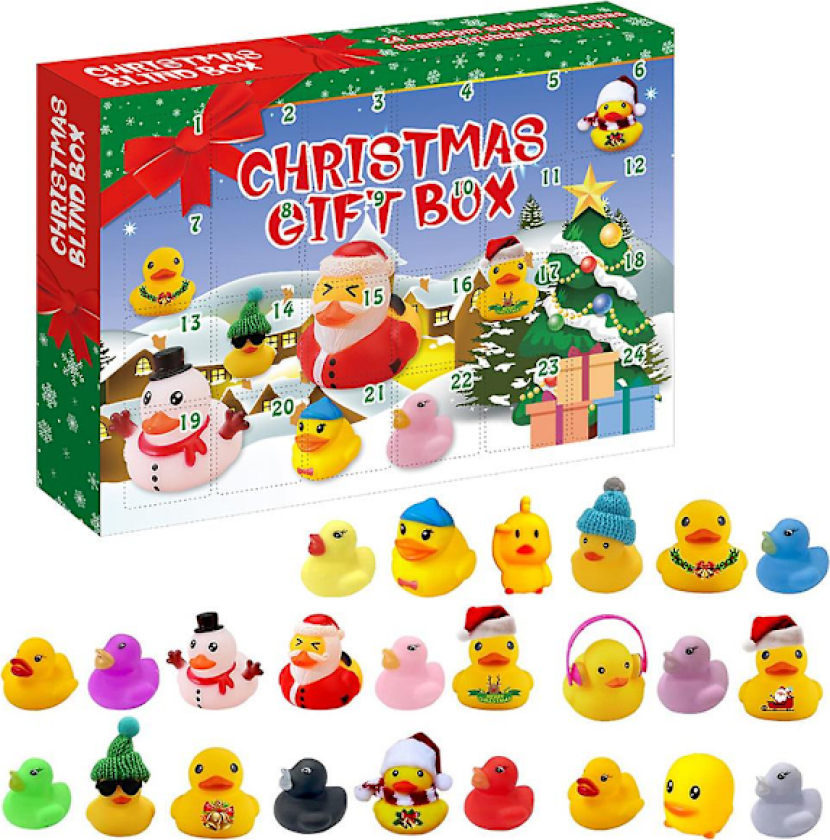 Julekalender med 24 dager nedtelling med gummibader for barn, barn, tenåringer, venner, jul