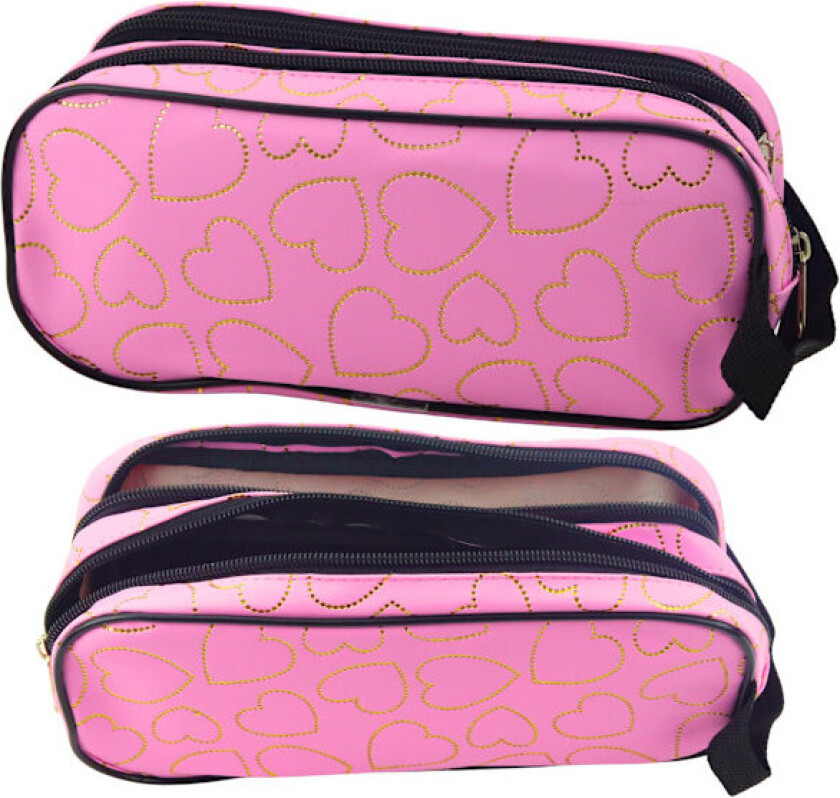 To-roms rosa pennal, gullhjerter, 23,5x10 cm