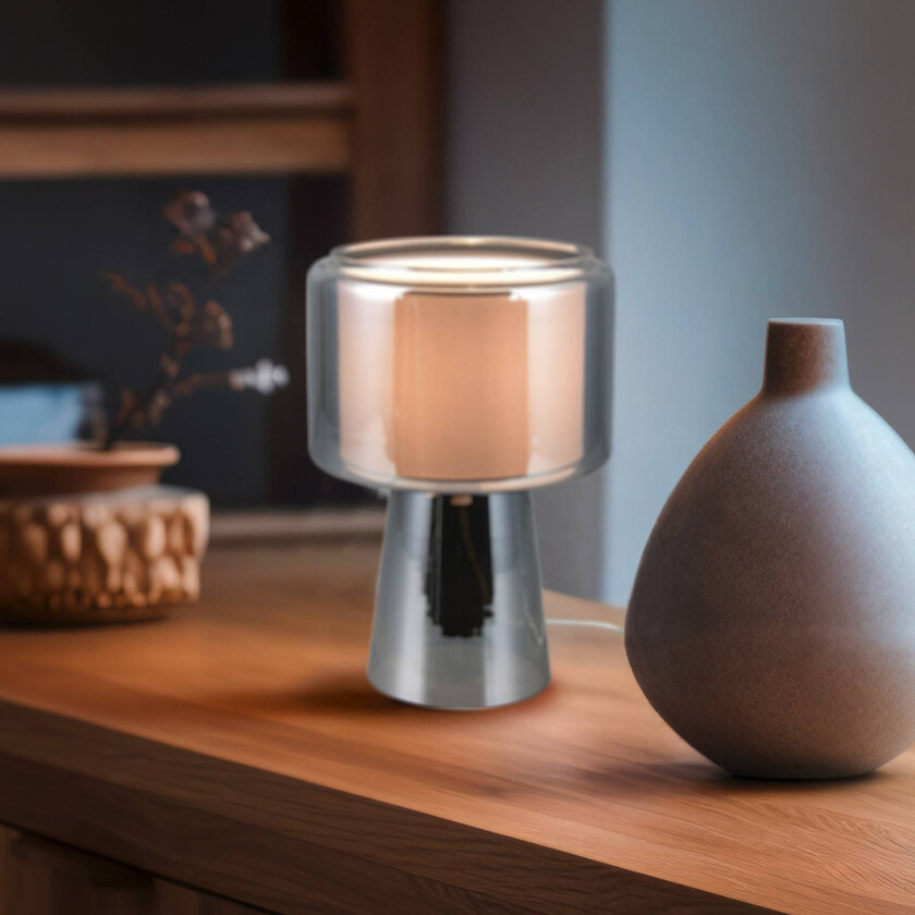 Bordlampe Rocka, krom, høyde 29 cm, glass/stoff