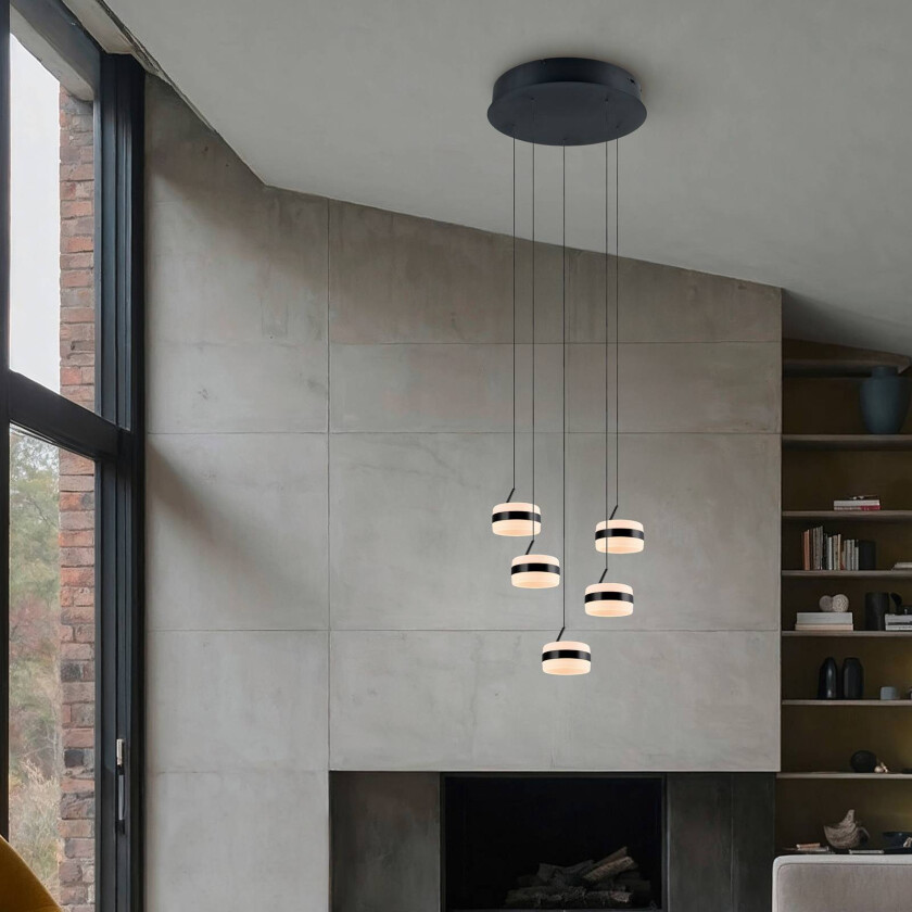 LED-pendellampe Dios, nikkelfarget, Ø 45 cm, CCT, 5 lyskilder