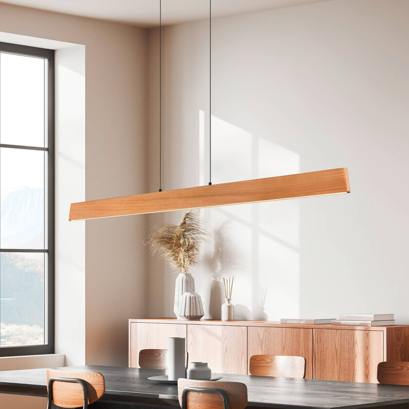 LED-pendellampe Edgewood, lengde 150 cm, trefarget tre, CCT