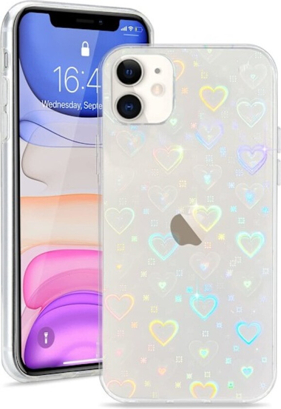 iPhone 11 Deksel Krystallklar Søt Holografisk Hjerte Mønster for Kvinner Jenter Transparent Støtfanger Støtsikker Beskyttende Telefon Deksel for iPhone 11