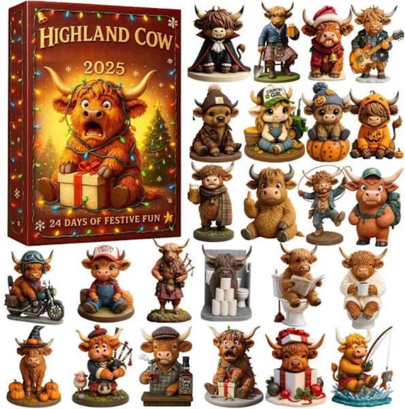 Dyreadventskalender, 3D-figurer, 24 deler Highland Cow-ornamenter til juletre | For hjem, stue, gård, fest, peis, nattbord