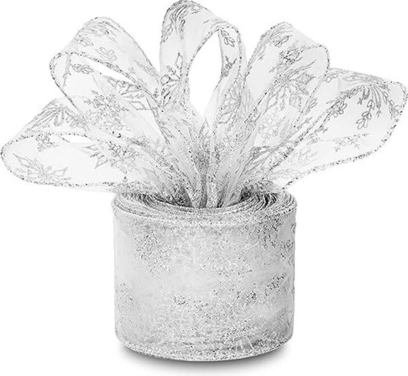 1 sølvfarget organza gavebånd - Julebånd med tråd