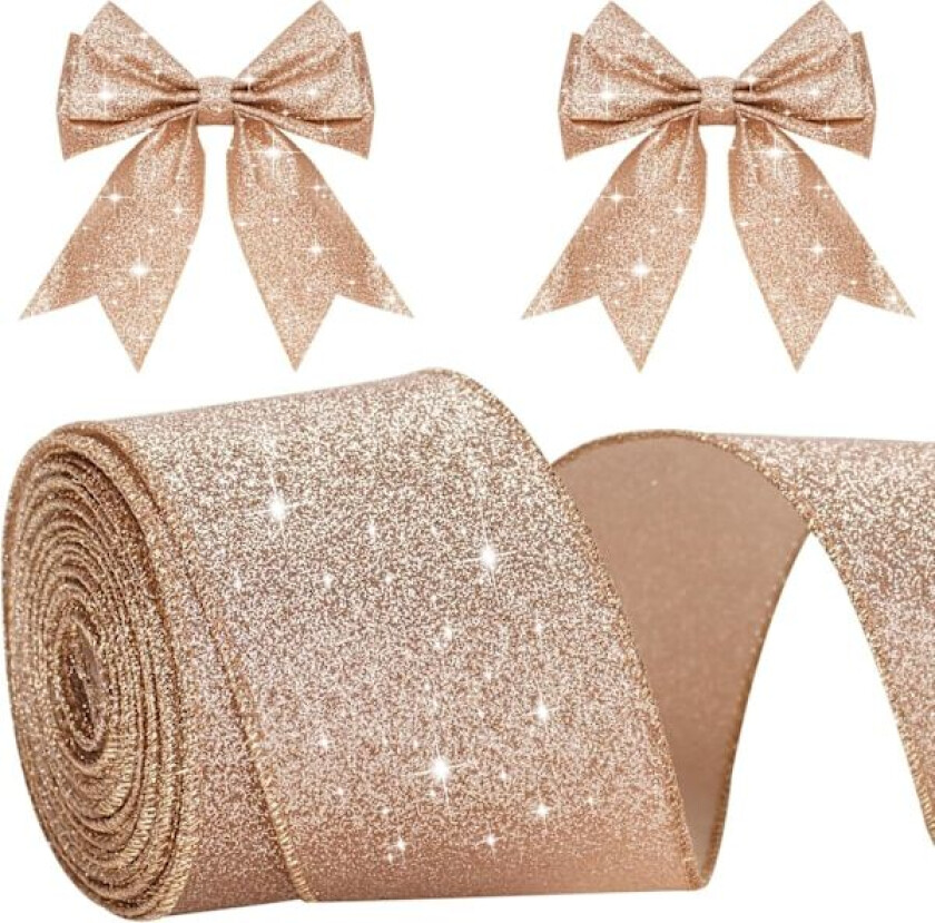 Bilde av Rose Gullfarget Bånd med Ståltråd, 6cm Julebånd for Gaveinnpakning, 6m Dekorativt Gavebånd Glitrende Metallisk Innnpakningsbånd for Krans, Juletre.