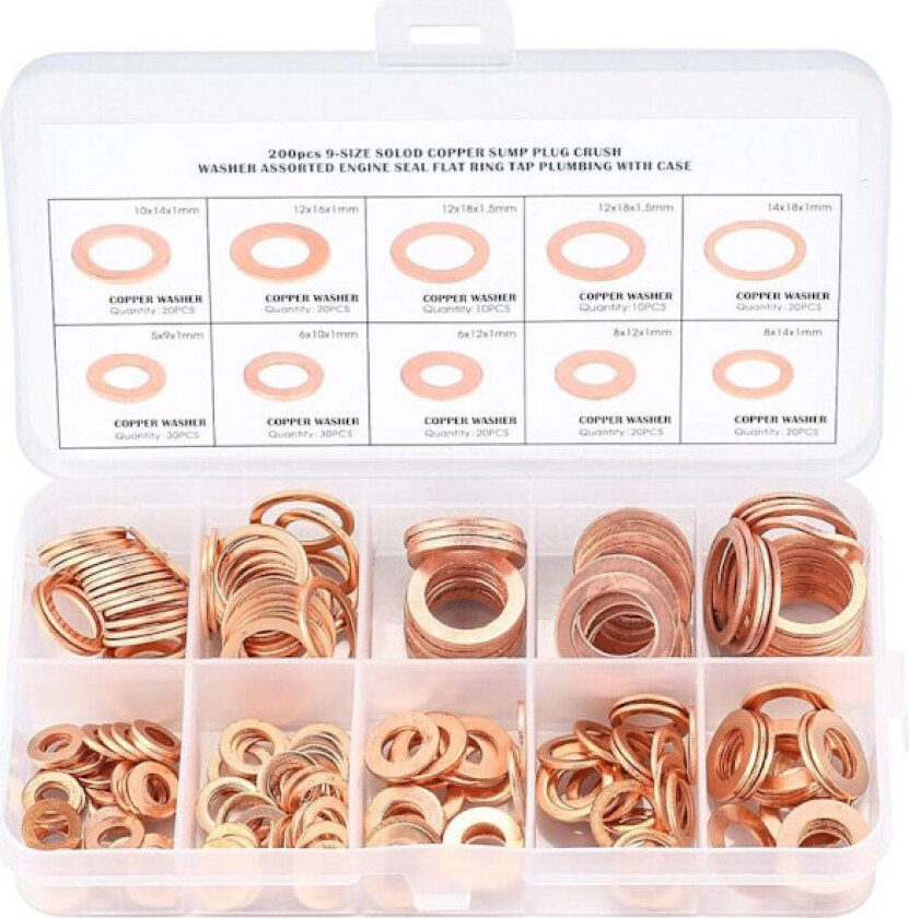 Kobber Metallskiver, Pakninger Tetningsring, Flate Skiver, O-ring med Boks for Tetting - 200 Stk/M5 M6 M8 M10 M12 M14