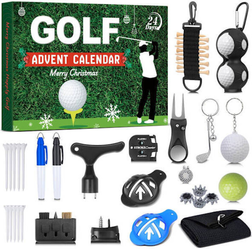 Adventskalender Golf 2025 – 24 dagers adventskalender med baller, pegger og markører, julegave til pappa, menn og tenåringer