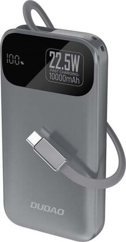 K31 10000 mAh 22.5W PD Powerbank with Built-in Cable - Gray Nødlader - Grey - 10000 mAh