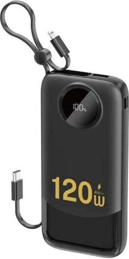 K13 10000mAh Powerbank with Built-in Cable - Black Nødlader - Svart - 10000 mAh