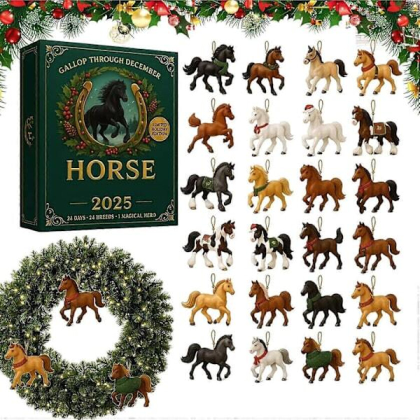 Hest Adventskalender 2025, 24 dagers julekalender med 24 forskjellige 2D akryl mini hest ornamenter, julegave, jul