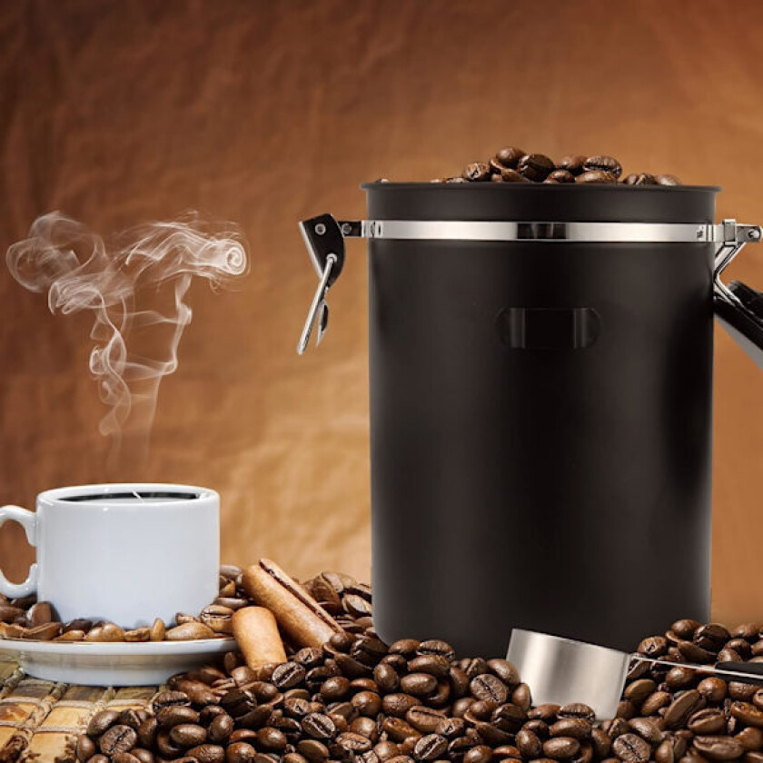 Bilde av 1500ML Kaffeboks for malt kaffe, Kaffebønnebeholdere, Lufttett kaffeoppbevaringsboks med skje, Svart