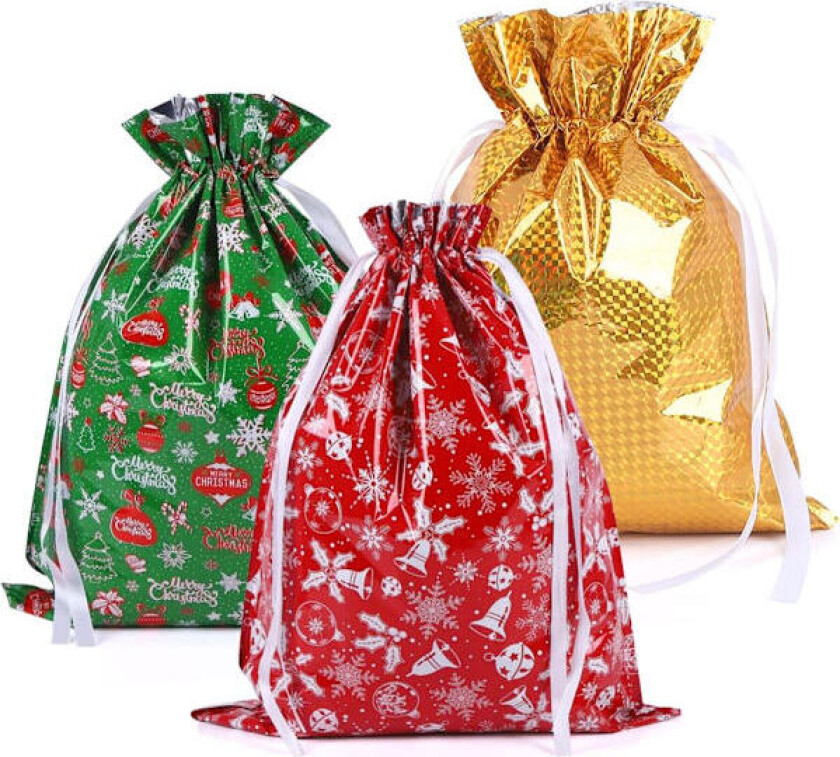 43 * 58cm Stor Størrelse Jule Snøring Gavepose, 3 stk Julegavepose med Snøring for Julefest