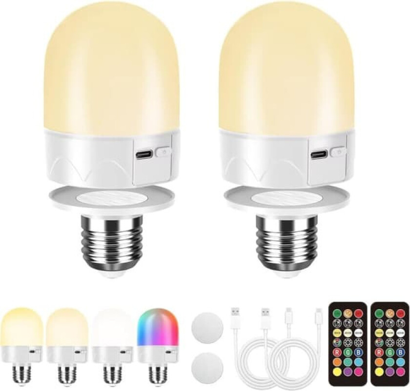 2-pakning USB-oppladbare LED-lamper med fjernkontroll - E27 RGB-fargeendring, dimbar (800LM), 3-timers timer, trådløs nattlampe