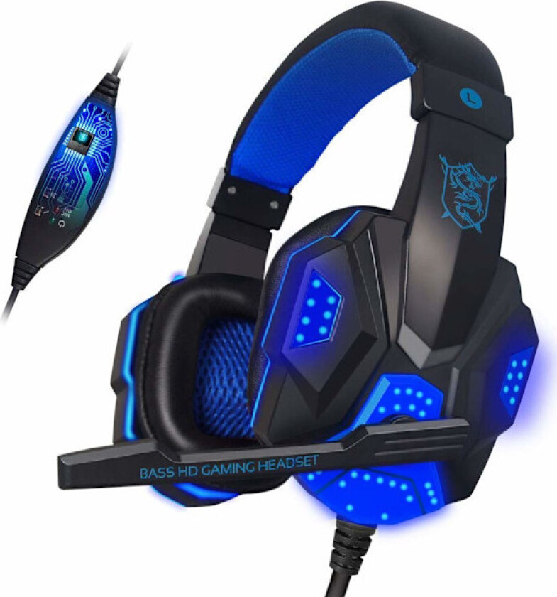 Gaming Headset - Hodetelefoner med støyreduksjon og dobbel bass med mikrofon, LED-lys, bakgrunnsbelyst (blå)