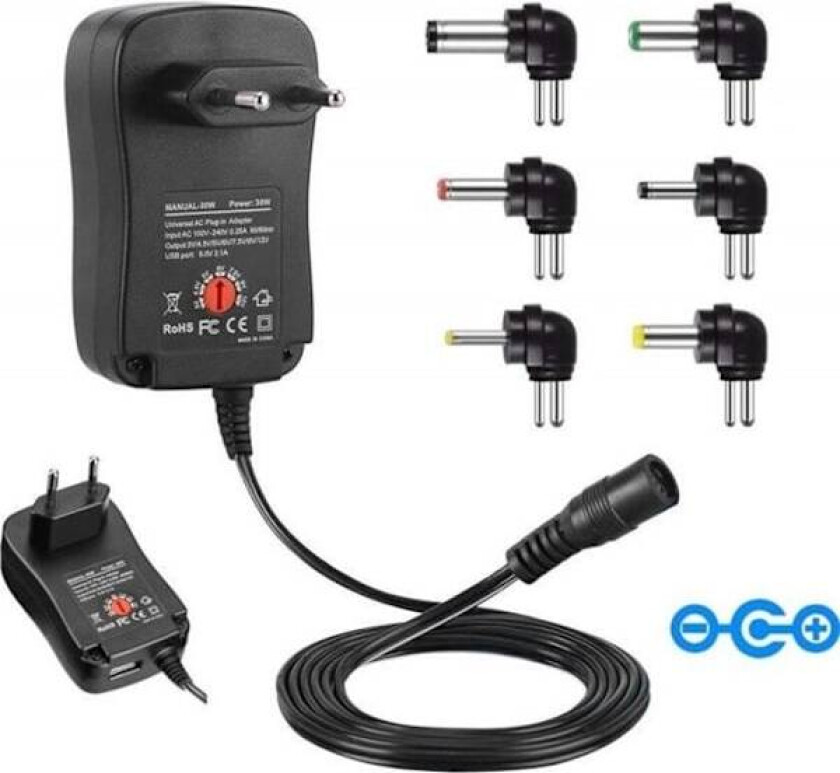 Universell strømforsyning 3 / 4,5 / 5 / 6 / 7,5 / 9 og 12 V AC / DC 2000 mA, 6 kontakter | Reiseadapter med 5V 2.1A USB-port