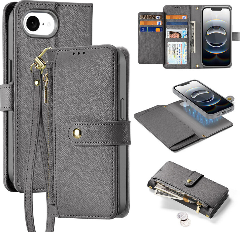 Lawa Lommebokdeksel i skinn til iPhone 16e - Avtagbar magnetisk lommebok - Grå