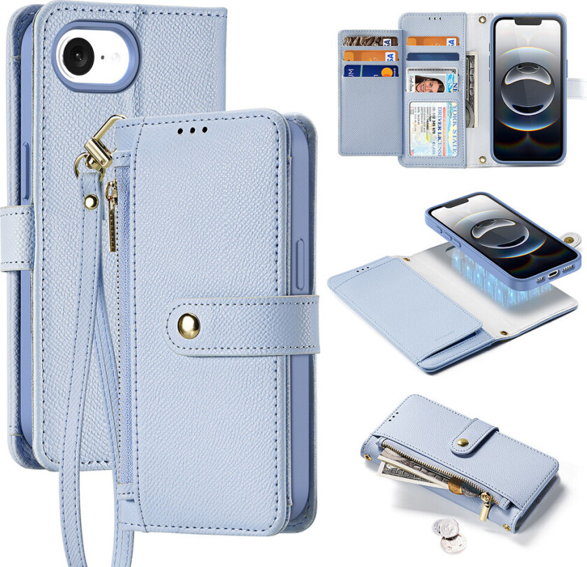 Lawa Lommebokdeksel i skinn for iPhone 16e – Avtagbar Magnetisk Lomme – Blå