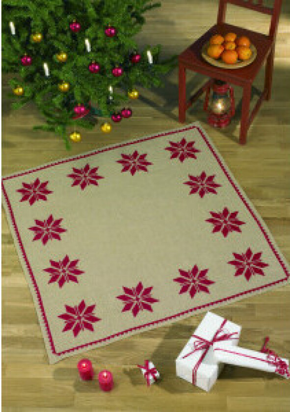 Bilde av Ferdigbrodert Juletreteppe - Julestjerne - 115 x 115 cm
