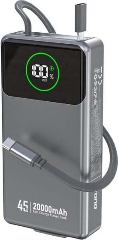 K31 Pro 45W 20000mAh Power Bank with Built-in Retractable USB-C Cable - Gray Nødlader - Grey - 20000 mAh