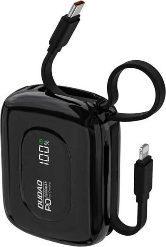 K32 Powerbank 22.5W 10000 mAh with Built-in USB-C/ Lightning Cable - Black Nødlader - Svart - 10000 mAh