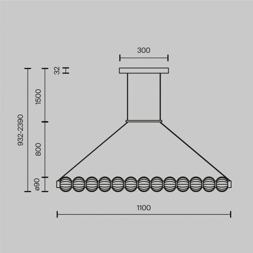 LED-hengelampe AMULET, lengde 110 cm, gullfarget, metall/glass