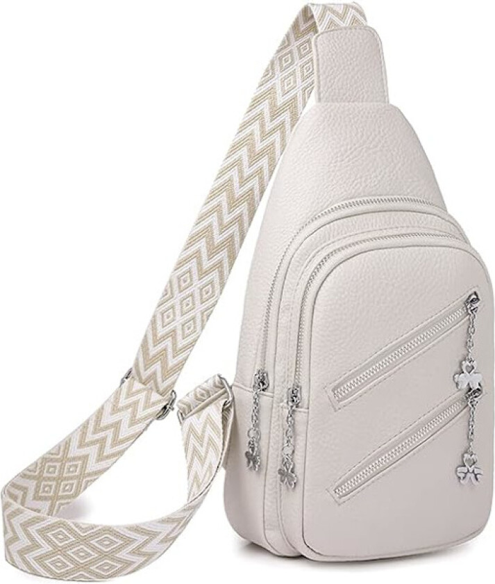Slingveske for kvinner, Crossbody Fanny Packs PU Lær Crossbody Vesker Brystveske Flere Lommer Belteveske Veske med Justerbar Rem 30cm(Hvit)
