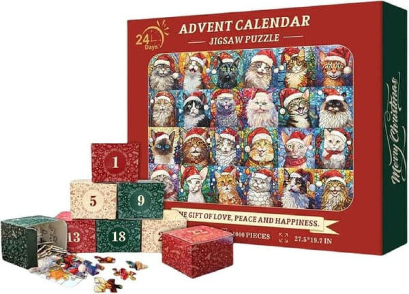 Adventskalender – Julepuslespill “Katt” 1000 Biter – Julekalender 2025, Perfekt Gave for Katteelskere