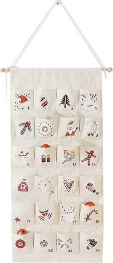 Julekalender i stoff med lommer, 24 dagers nedtellingskalender, hengende oppbevaringspose til jul