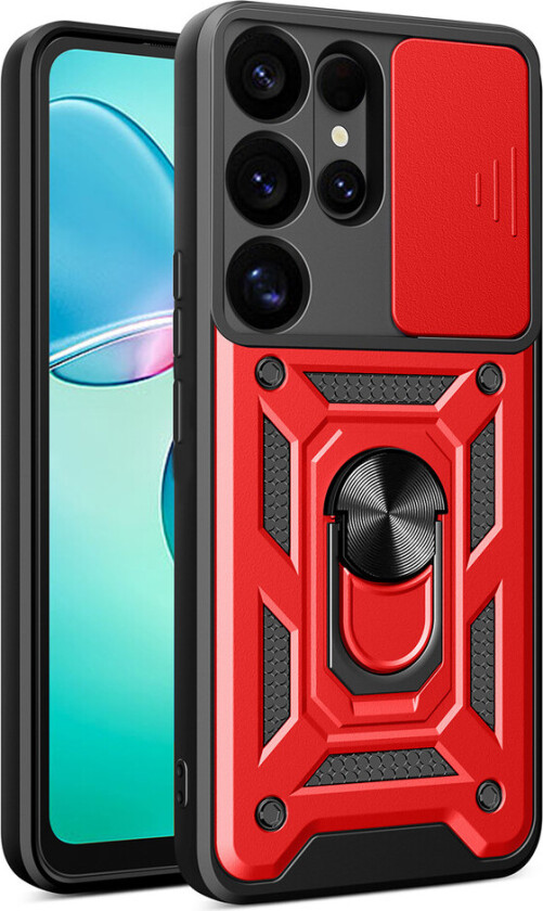 Hybrid Armor CamShield Deksel med kameradeksel og metallring for Samsung Galaxy S25 Ultra - Rød