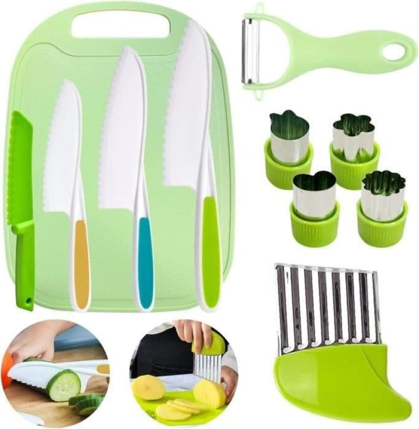 Barnekjøkkensett, Barnekjøkkenkniv, Barnekniv med Y-formet skreller, Krympet kniv, Skjærebrett, Montessorikniv