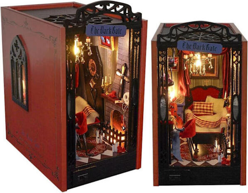 Bokhjørne, 3D Trepuslespill Bokstøtte-sett med LED-lys, DIY Dukkehus Miniatyr Bokhyllesett