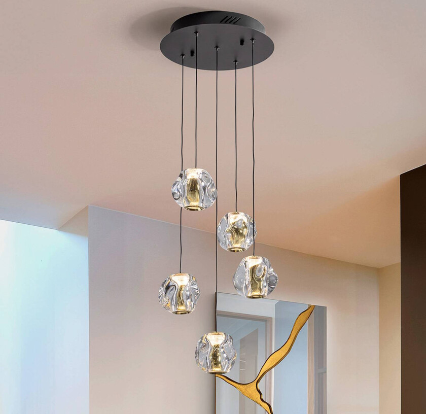 LED-hengelampe Zaira, Ø 33 cm, svart/gullfarget, 5 lyskilder