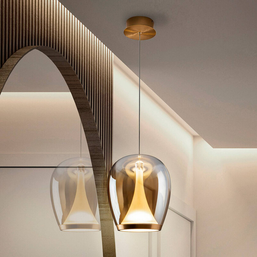 LED-hengelampe Suspiro, Ø 25 cm, gull-/ravfarget, glass