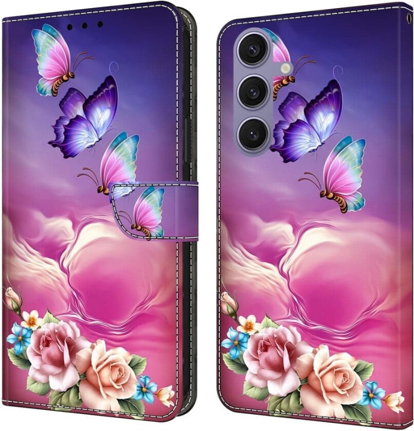 Samsung Galaxy S25+ lommebokveske med mønstermønster, stativ, flip-telefondeksel i lær - Blomster Sommerfugl