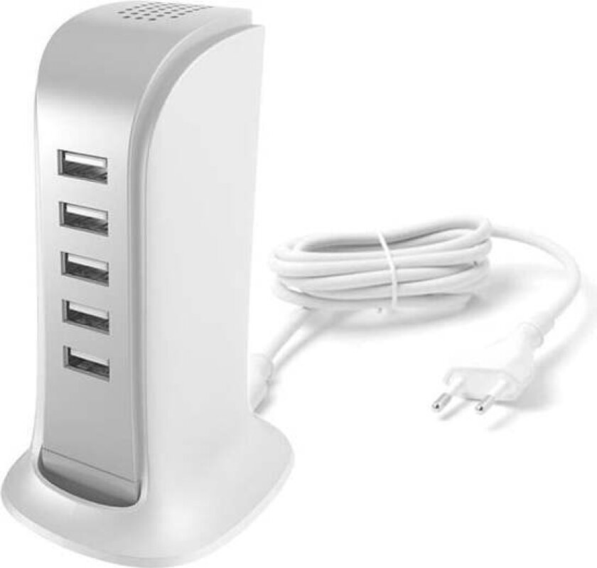 5x USB charger with built-in EU power cable white (A5EU)