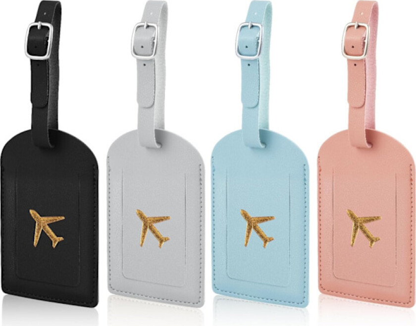 4 stk bagasjetiketter, PU-lær bagasjetikett med justerbar stropp, reisevesketagger, bagasjetiketter med personvern, bagasjetiketter (4 farger)