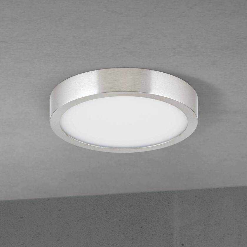 LED-taklampe Disc, nikkelfarget satinert, Ø 14 cm, CCT
