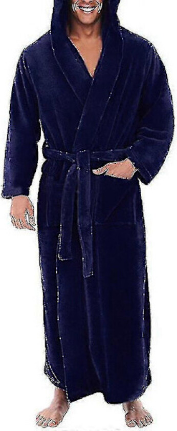 Varm fleece morgenkåpe med hette for menn, lang badekåpe i frotté