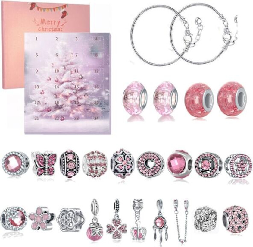 24 stk Adventskalender, DIY Julearmbåndsett 24 Dagers Nedtelling Sjarm Smykker Blindboks Julepynt for Barn Rosa