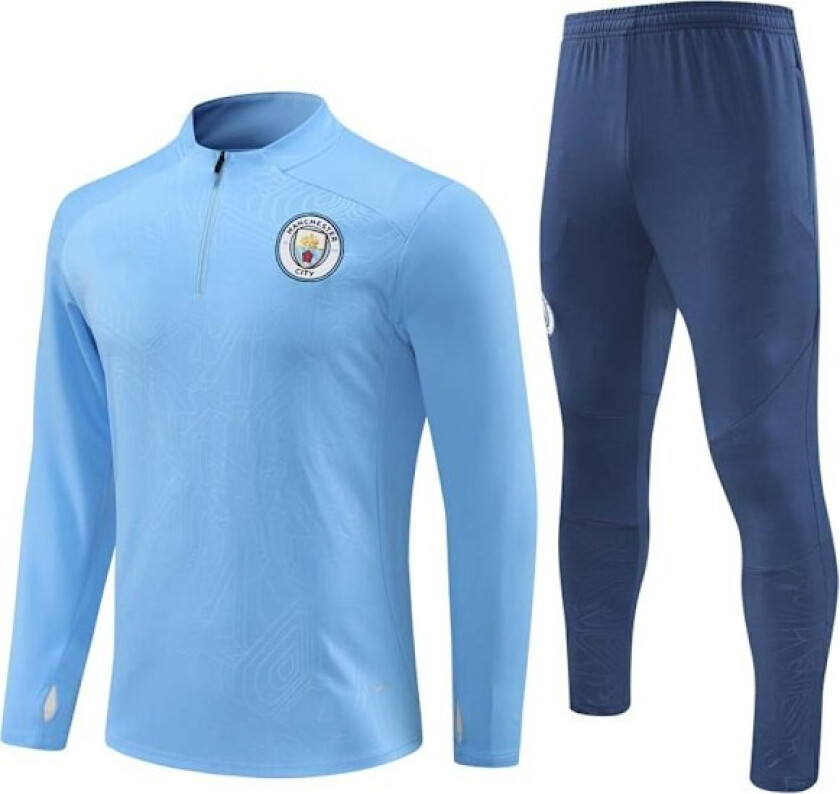 2024 Manchester City Ny Fotballtrøye Langermet Treningssett for Voksne og Barn Lyseblå/Stemplet versjon Lyseblå/stemplet versjon