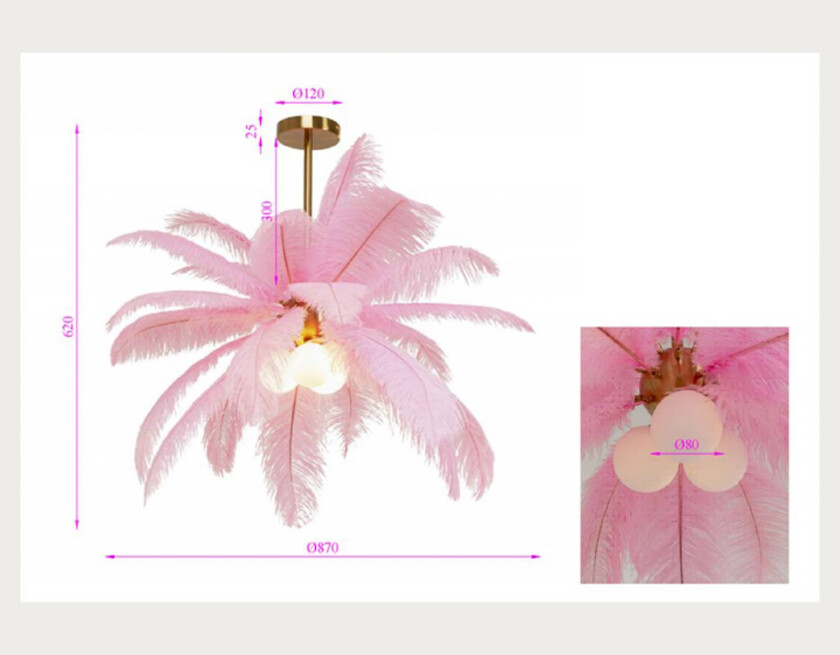 KARE hengelampe Feather Palm, rosa, fjær, Ø 87 cm, G9