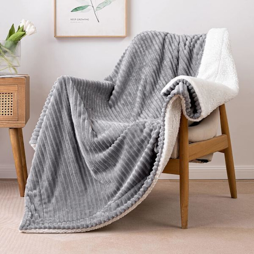 Koselig teppe, tykt teppe, lammeteppe, sengeteppe, stripete fluffy mykt teppe, sofakast, sofateppe til seng, sofa, stue