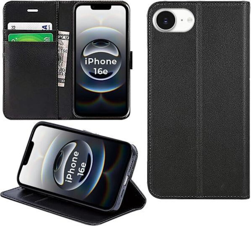 iPhone 16e Deksel Flip Lær Lommebok Bokstativ Folio Kortholder Telefondeksel iPhone 16e (SVART)
