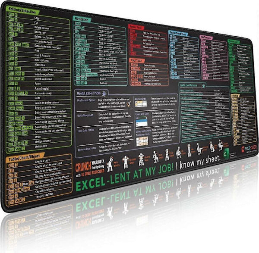 Excel Hurtigtaster Musematte - Utvidet Stor XL Jukseark Gaming Musematte | PC Kontor Regneark Tastaturmatte | Sklisikker Sydd Kant