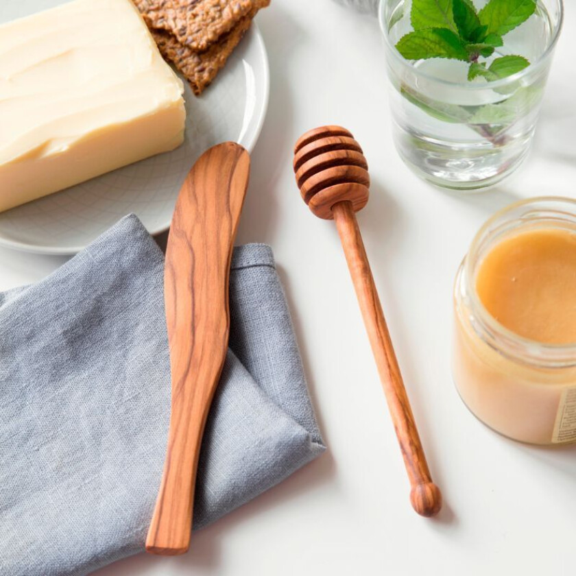 Smørkniv Og Honningske Sæt i Oliventræ